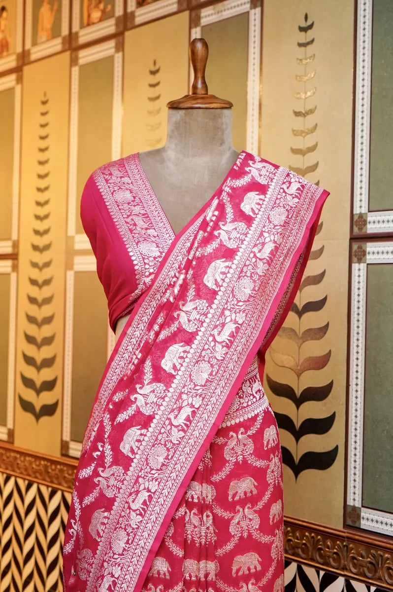 BANARASI PYAZI PINK COLOR KHADDI GEORGETTE SAREE