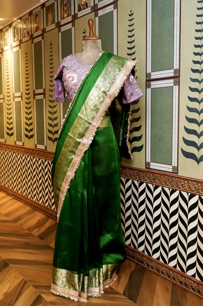 BANARASI ORGANZA BOTTLE GREEN COLOR SAREE
