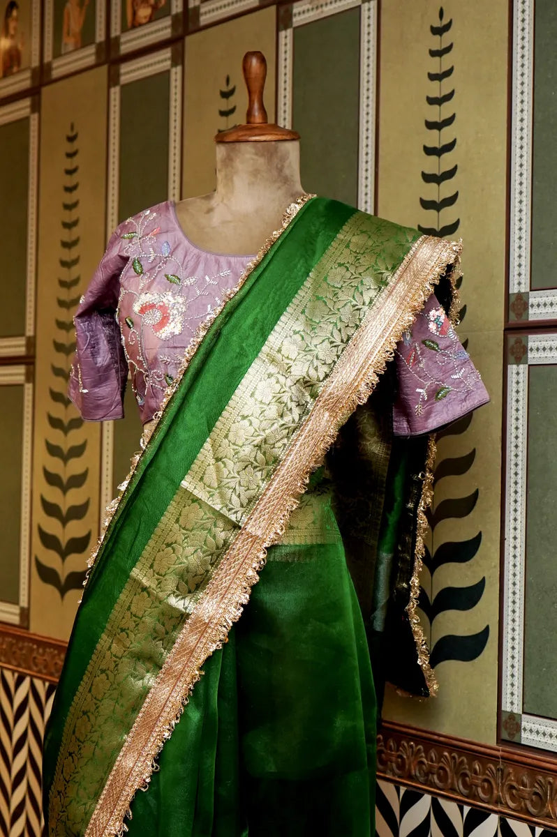 BANARASI ORGANZA BOTTLE GREEN COLOR SAREE