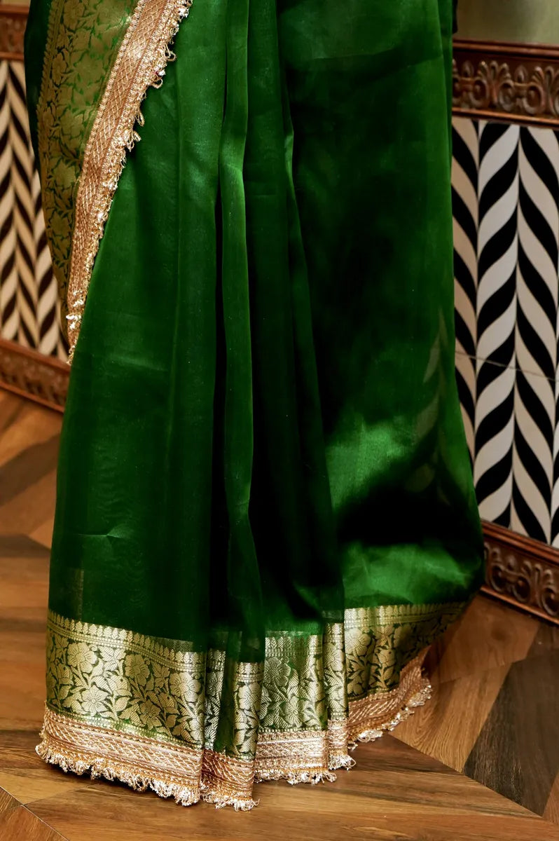BANARASI ORGANZA BOTTLE GREEN COLOR SAREE