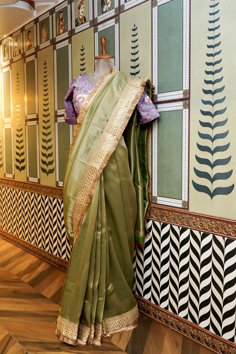 BANARASI KORA PISTA GREEN COLOR TISSUE WEAVING SAREE