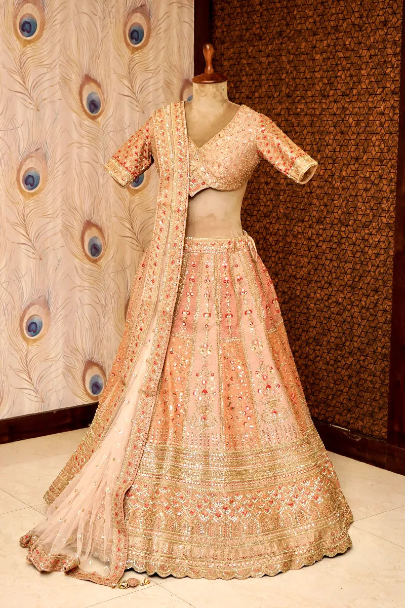 GOLDEN COLOR FULL HAND RESHAM PEARL WORK BRIDAL LEHENGA