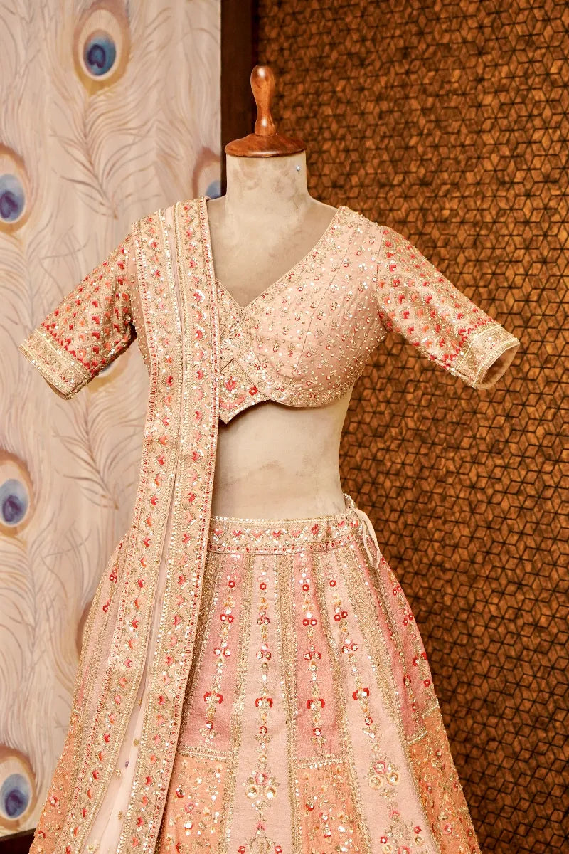 GOLDEN COLOR FULL HAND RESHAM PEARL WORK BRIDAL LEHENGA