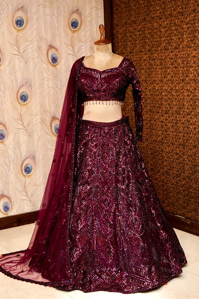 WINE COLOR FULL HAND RESHAM KARDHANA WORK BRIDAL LEHENGA
