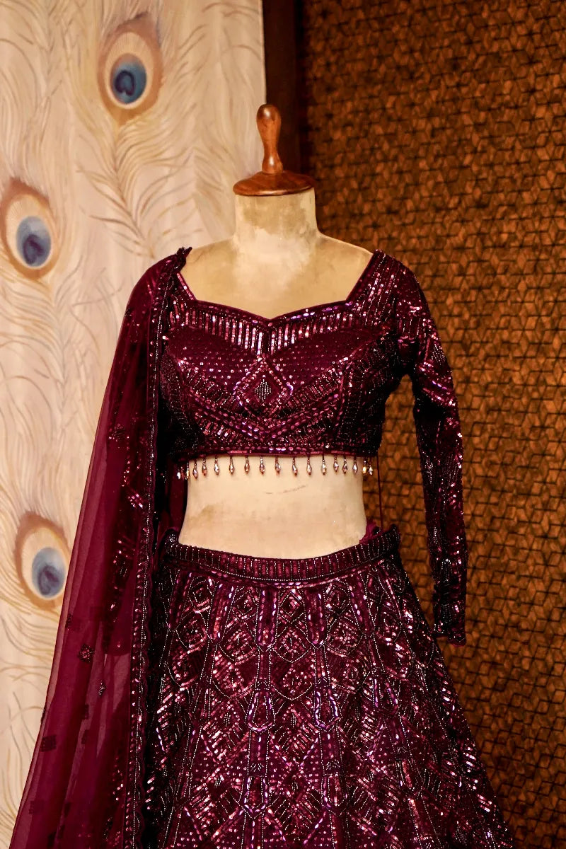 WINE COLOR FULL HAND RESHAM KARDHANA WORK BRIDAL LEHENGA