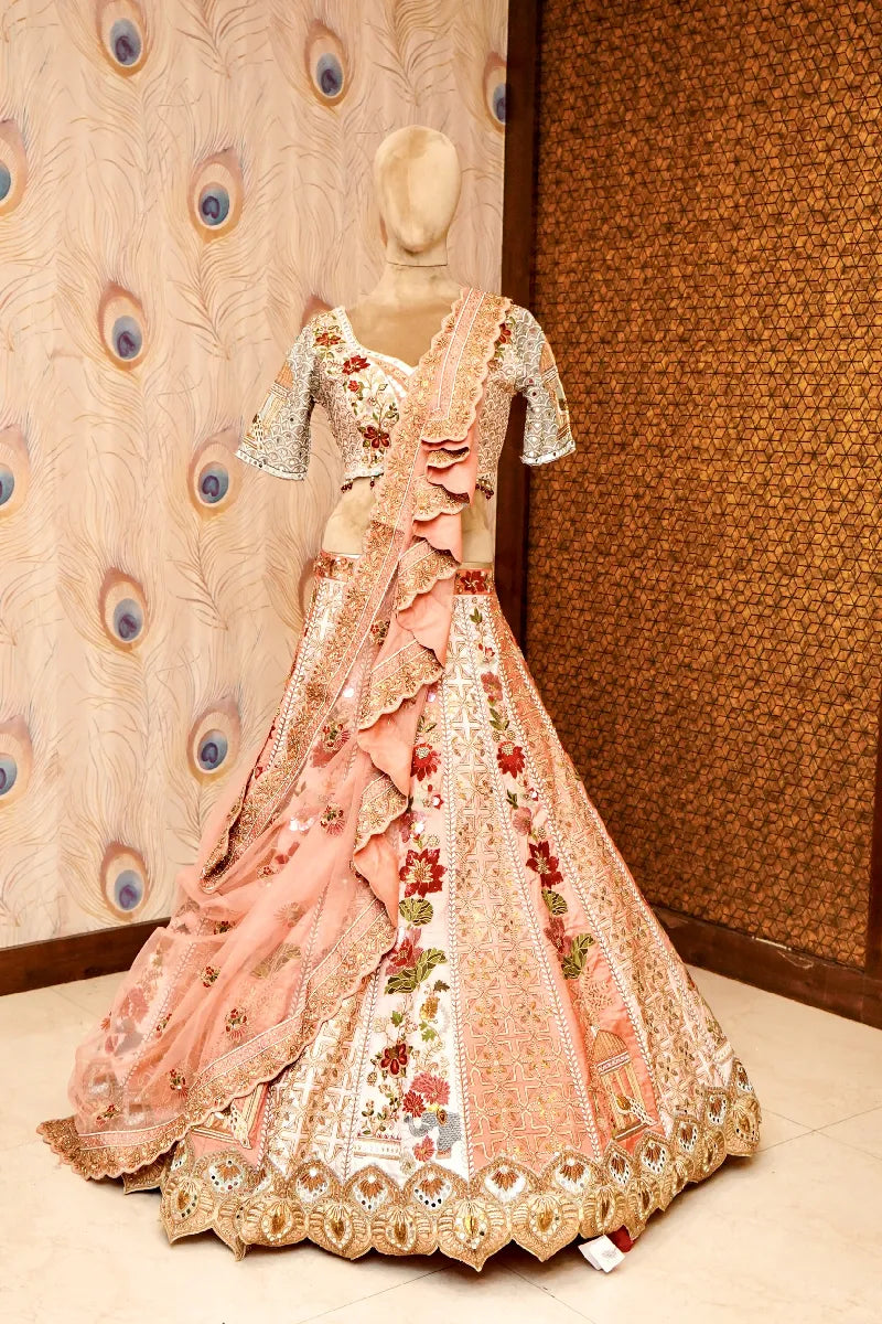 PINK COLOR FULL HAND RESHAM PEARL WORK BRIDAL LEHENGA