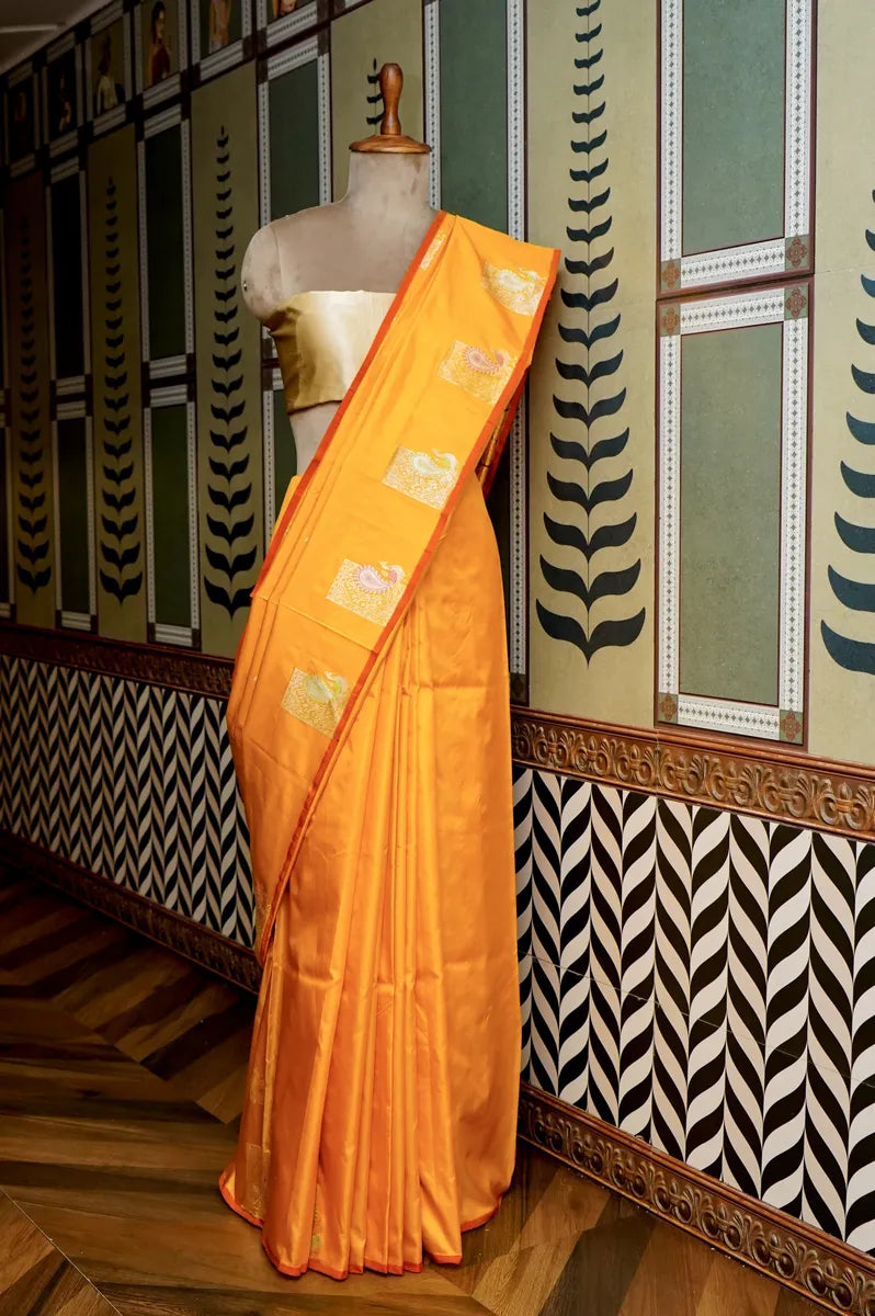 PURE BANARASI MUSTARD YELLOW SINGLE KATAN SILK SAREE