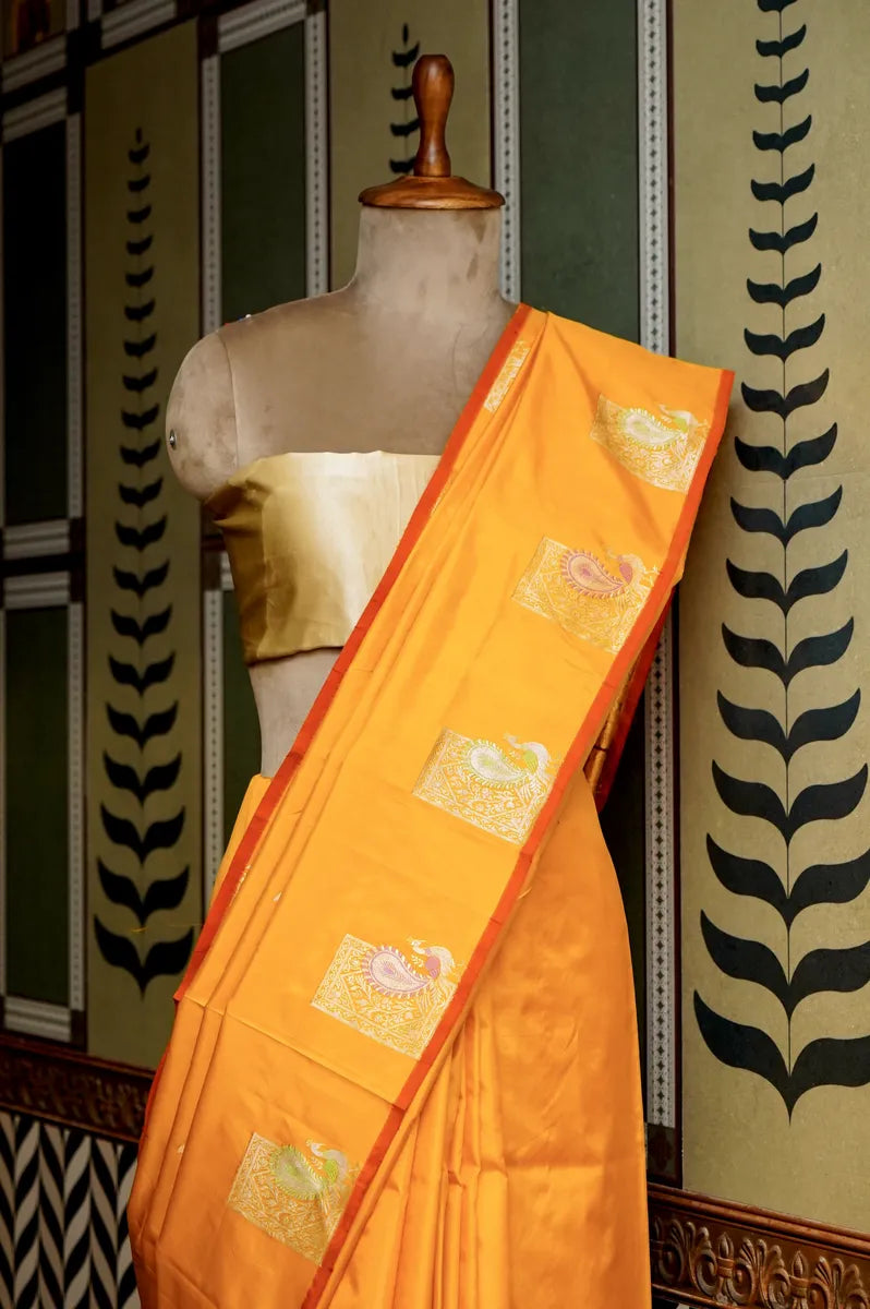 PURE BANARASI MUSTARD YELLOW SINGLE KATAN SILK SAREE