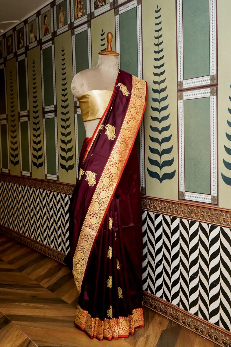 PURE BANARASI COFFEE RED SINGLE KATAN SILK SAREE