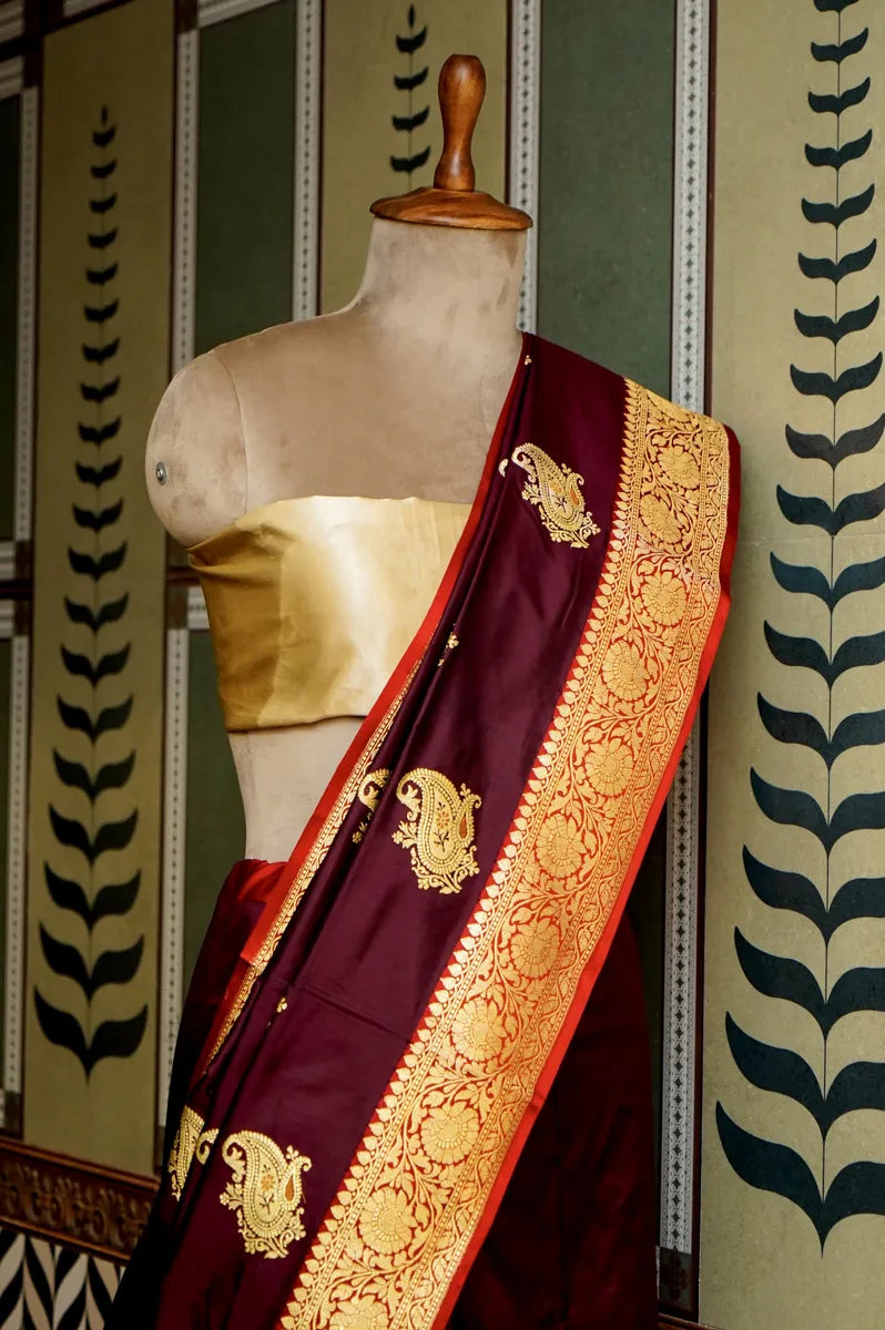 PURE BANARASI COFFEE RED SINGLE KATAN SILK SAREE