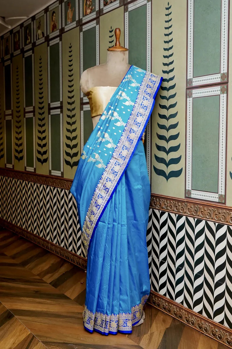 PURE BANARASI FIROZI SINGLE KATAN SILK SAREE