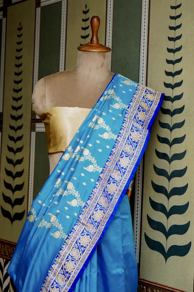 PURE BANARASI FIROZI SINGLE KATAN SILK SAREE