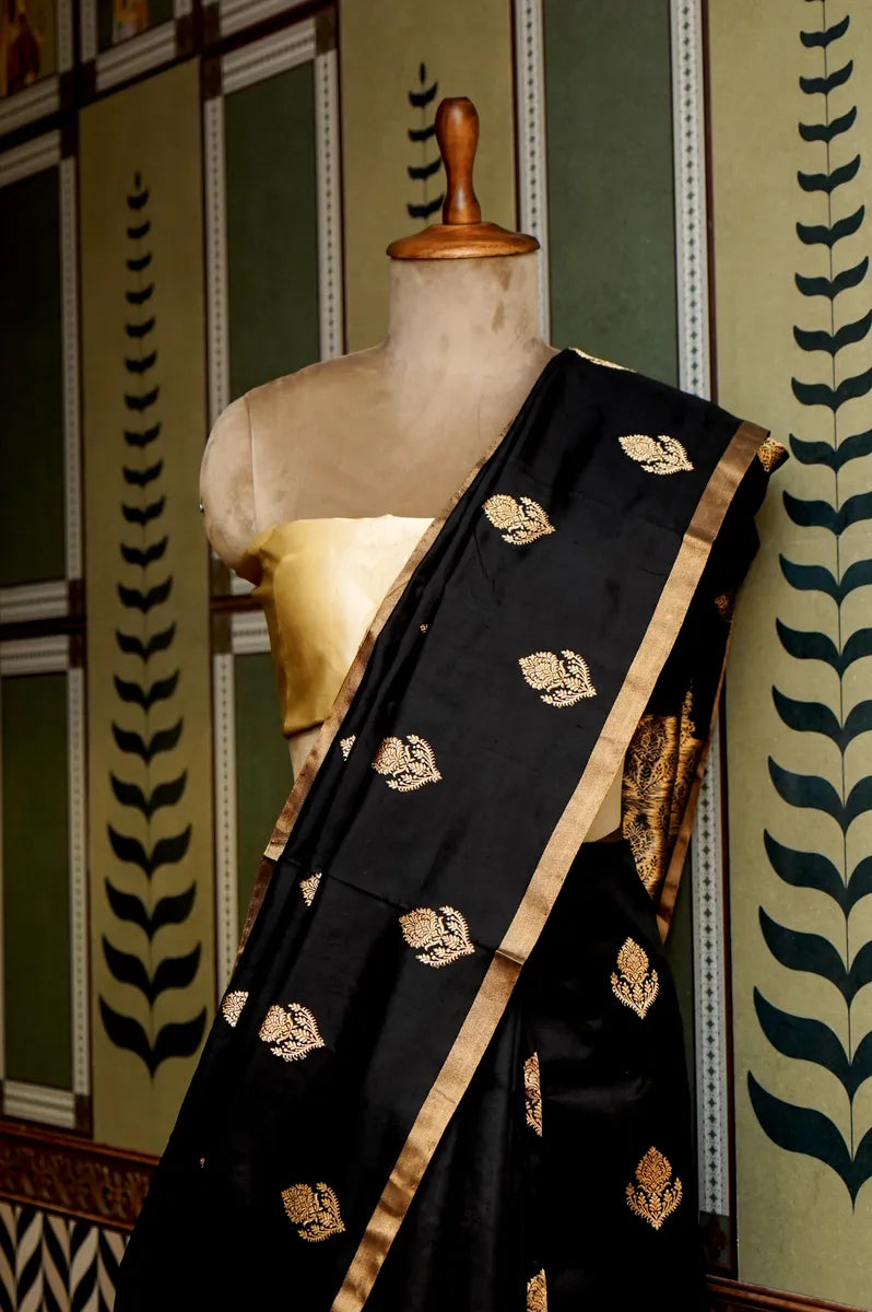 PURE BANARASI BLACK SINGLE KATAN SILK SAREE