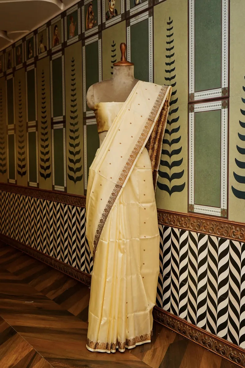 PURE BANARASI CREAM SINGLE KATAN SILK SAREE