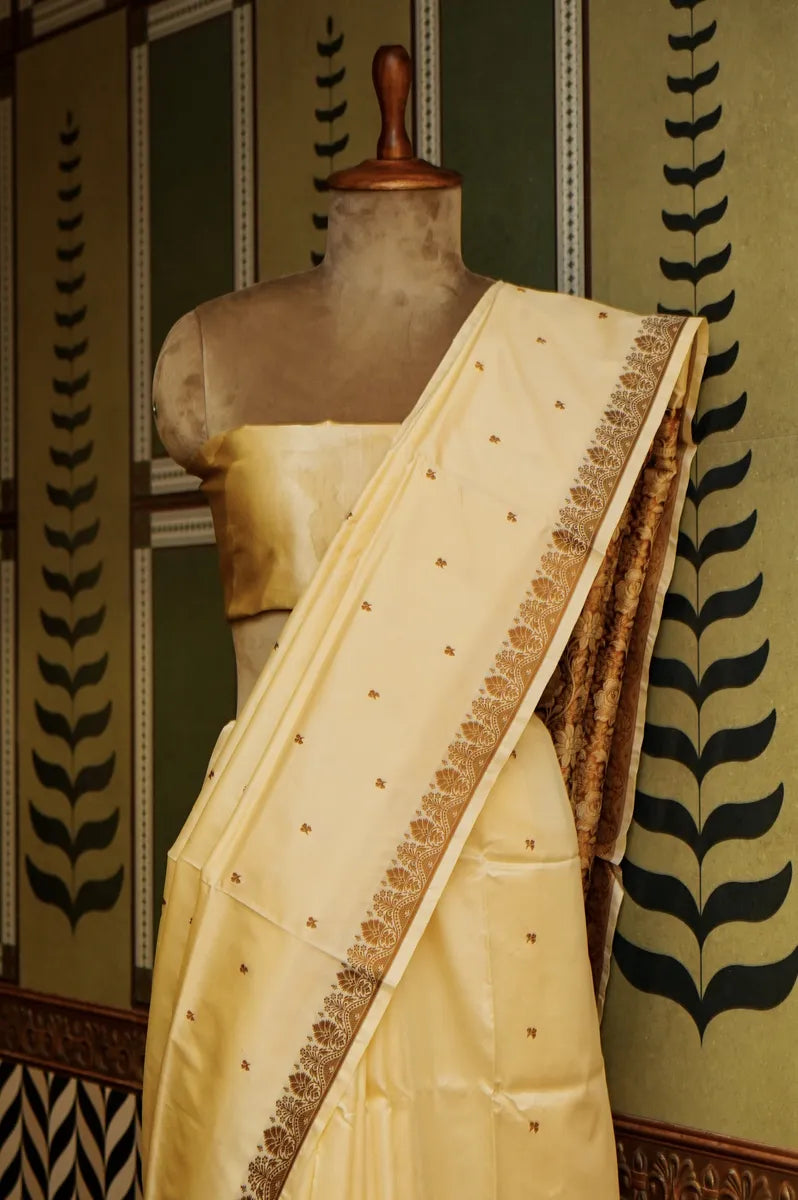 PURE BANARASI CREAM SINGLE KATAN SILK SAREE