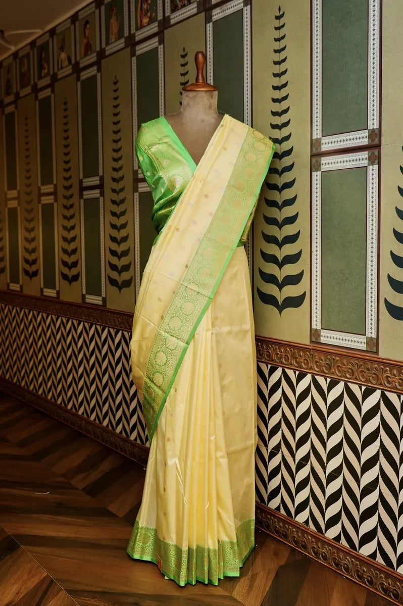 PURE BANARASI CREAM SINGLE KATAN SILK SAREE