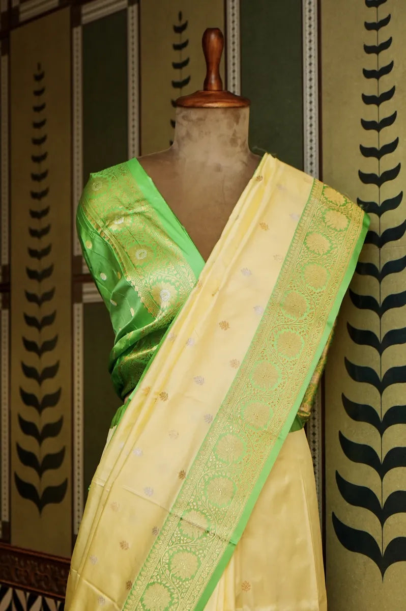 PURE BANARASI CREAM SINGLE KATAN SILK SAREE