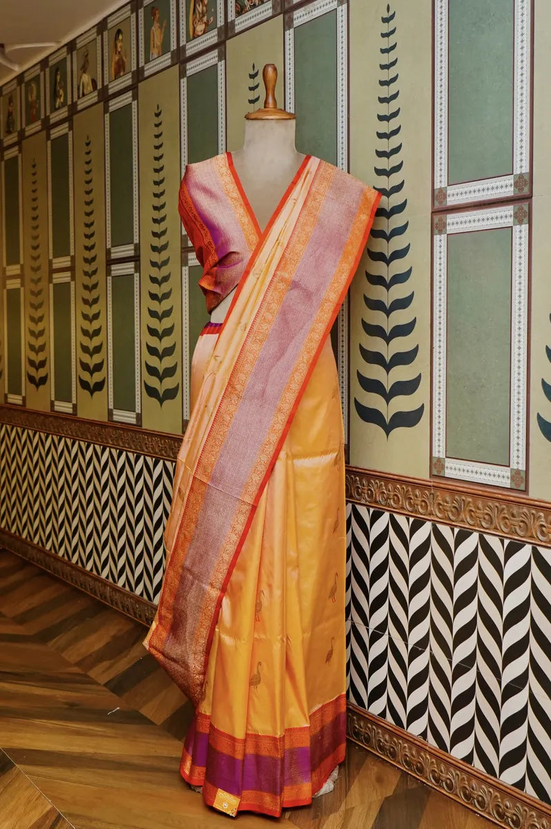 PURE BANARASI PEACH SINGLE KATAN SILK SAREE