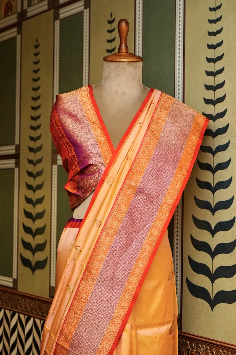 PURE BANARASI PEACH SINGLE KATAN SILK SAREE