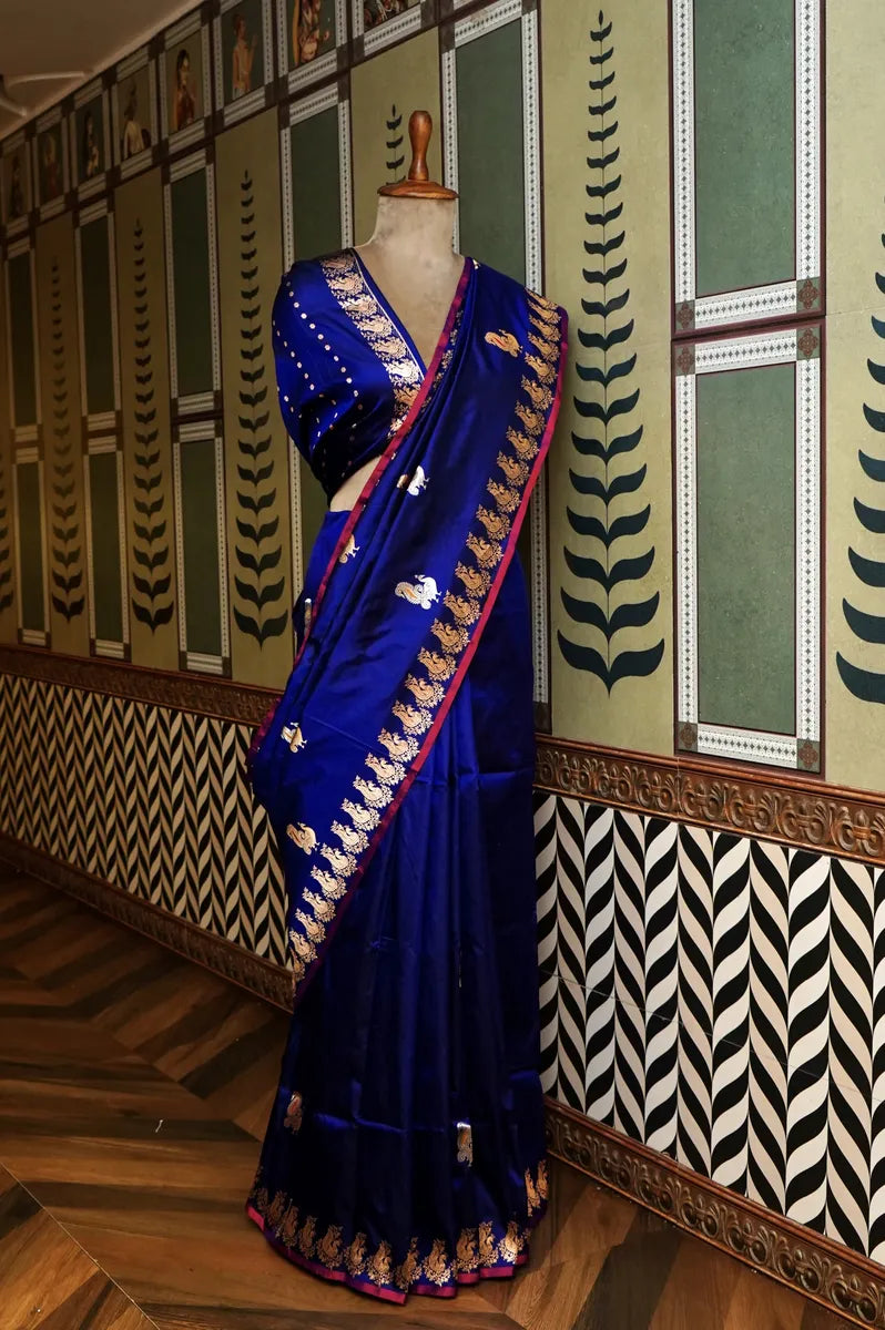 PURE BANARASI NAVY BLUE SINGLE KATAN SILK SAREE