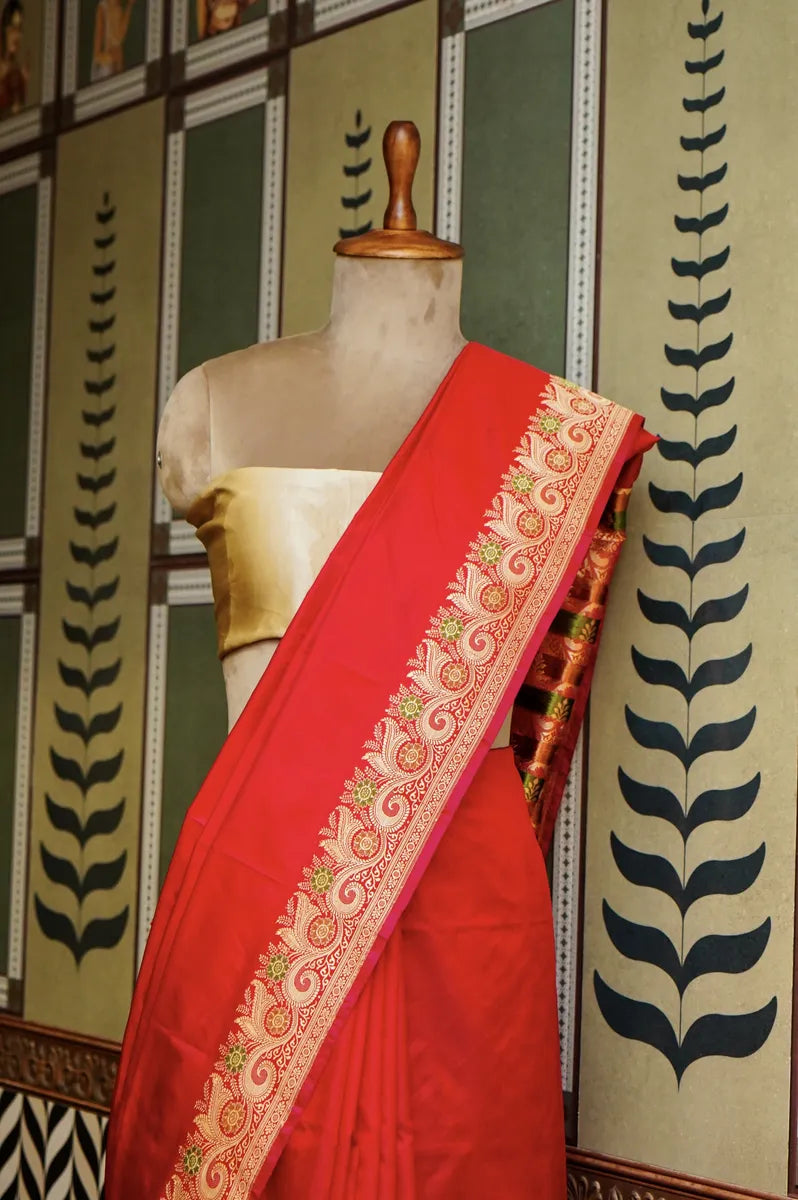 PURE BANARASI RED SINGLE KATAN SILK SAREE
