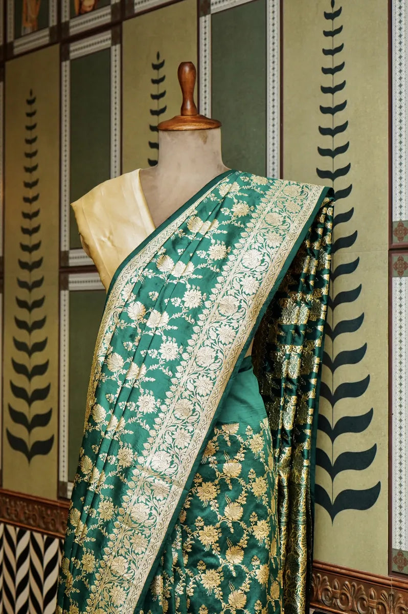 PURE BANARASI SEA GREEN COLOR DOUBLE KATAN SILK SAREE