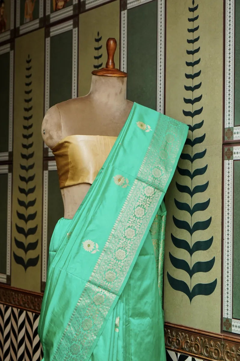 PURE BANARASI SEA GREEN SINGLE KATAN SILK SAREE