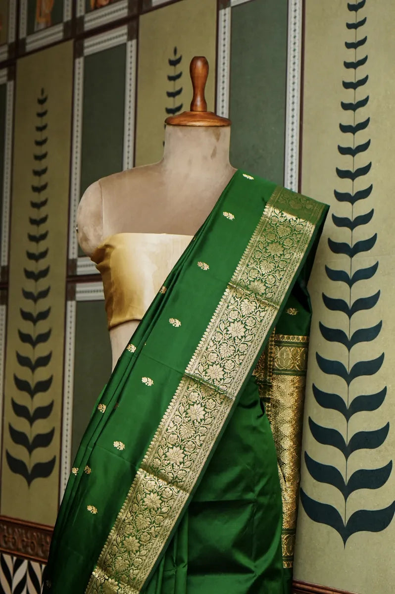 PURE BANARASI DARK GREEN SINGLE KATAN SILK SAREE