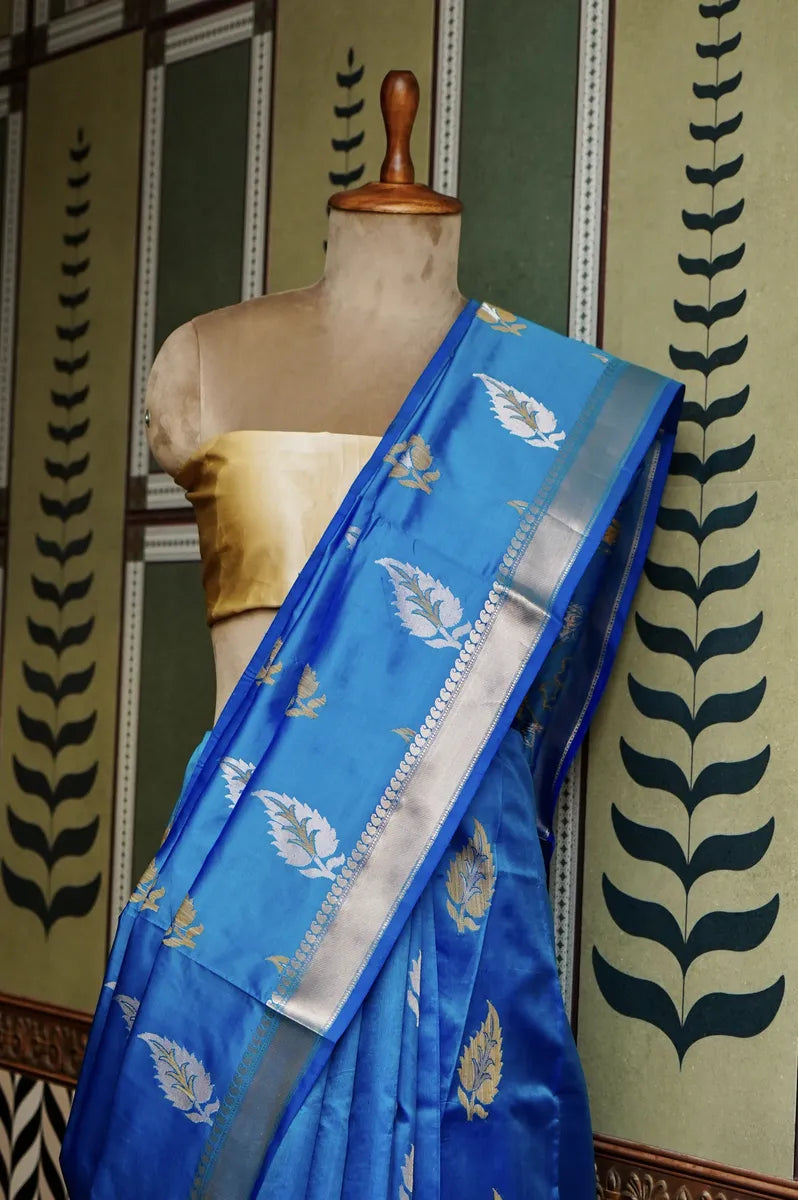PURE BANARASI FIROZI SINGLE KATAN SILK SAREE