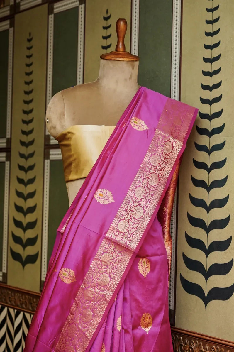 PURE BANARASI ONION PINK SINGLE KATAN SILK SAREE