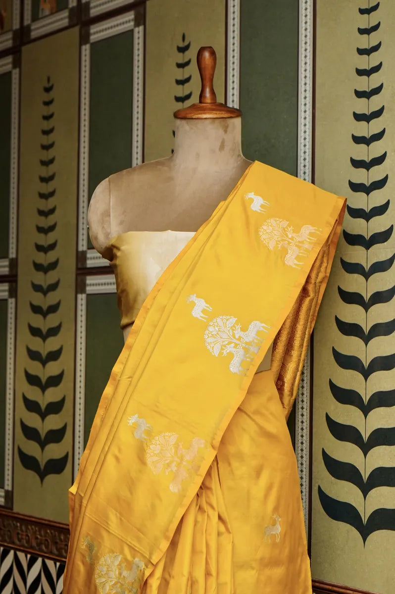 PURE BANARASI MUSTARD GOLD SINGLE KATAN SILK SAREE