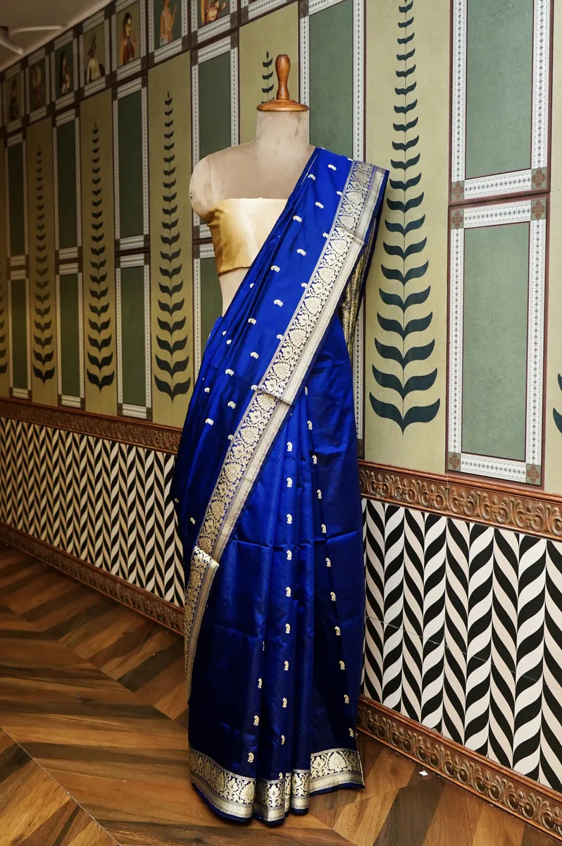 PURE BANARASI ROYAL BLUE SINGLE KATAN SILK SAREE