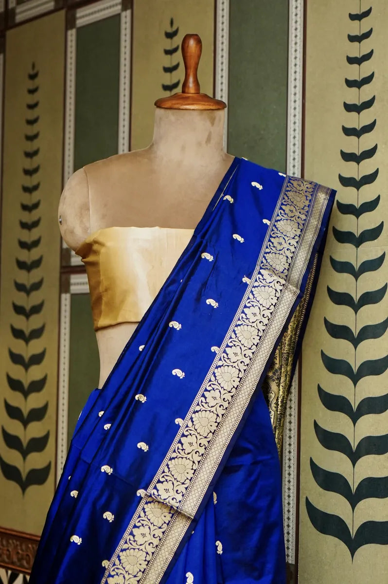 PURE BANARASI ROYAL BLUE SINGLE KATAN SILK SAREE