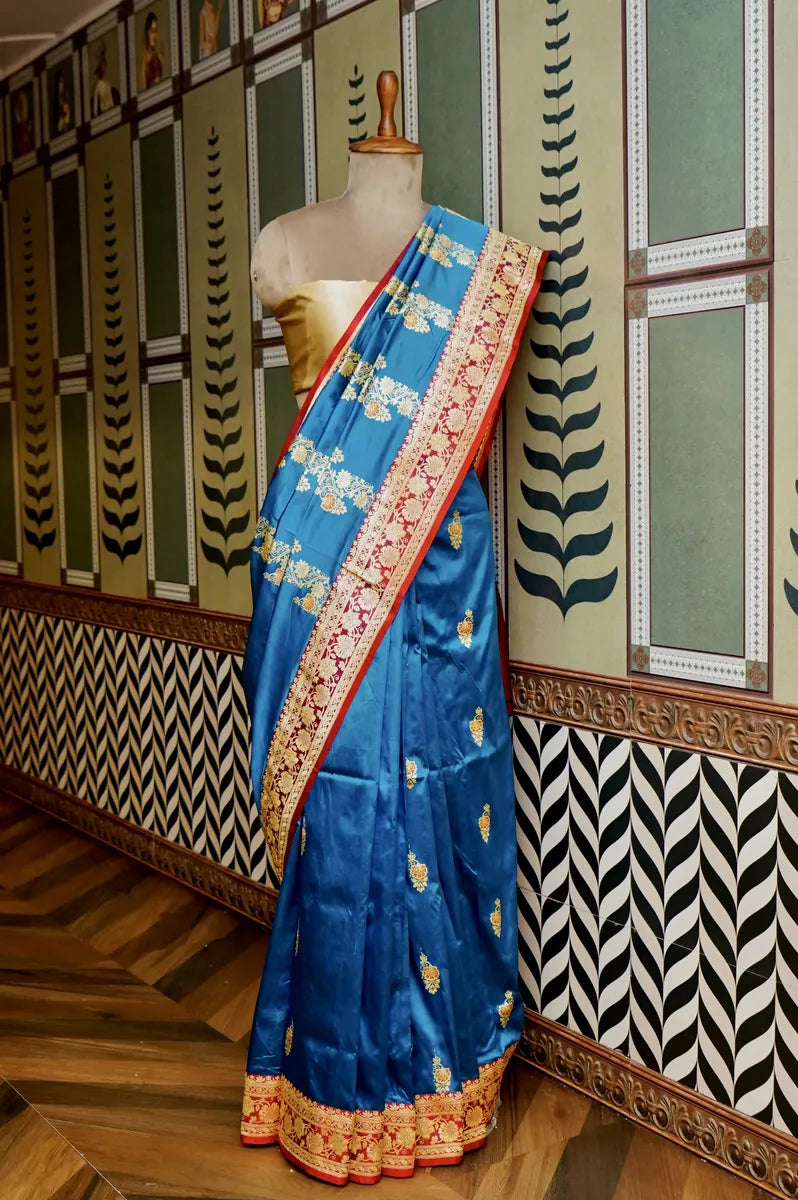 PURE BANARASI FIROZI SINGLE KATAN SILK SAREE