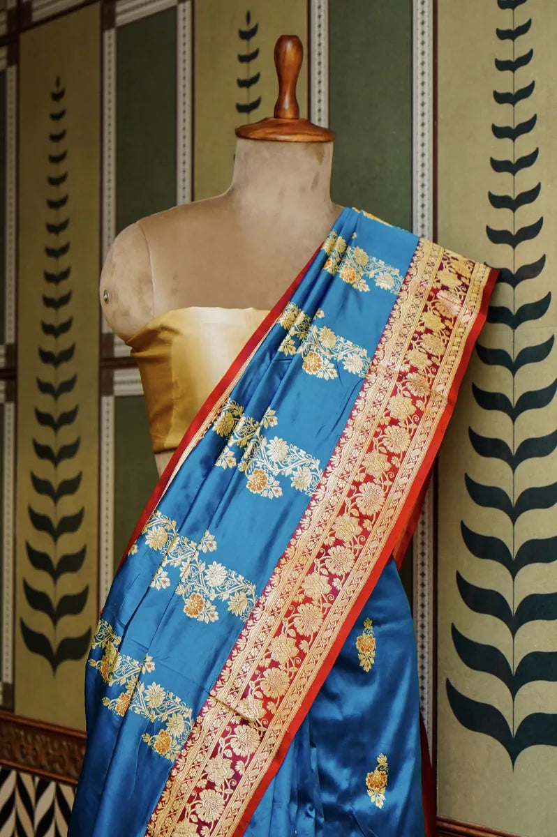 PURE BANARASI FIROZI SINGLE KATAN SILK SAREE