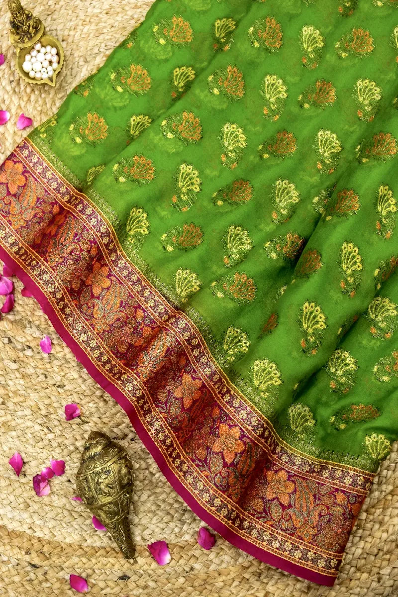 MEHENDI GREEN WITH PINK COLOR PURE KHADDI GEORGETTE SAREE