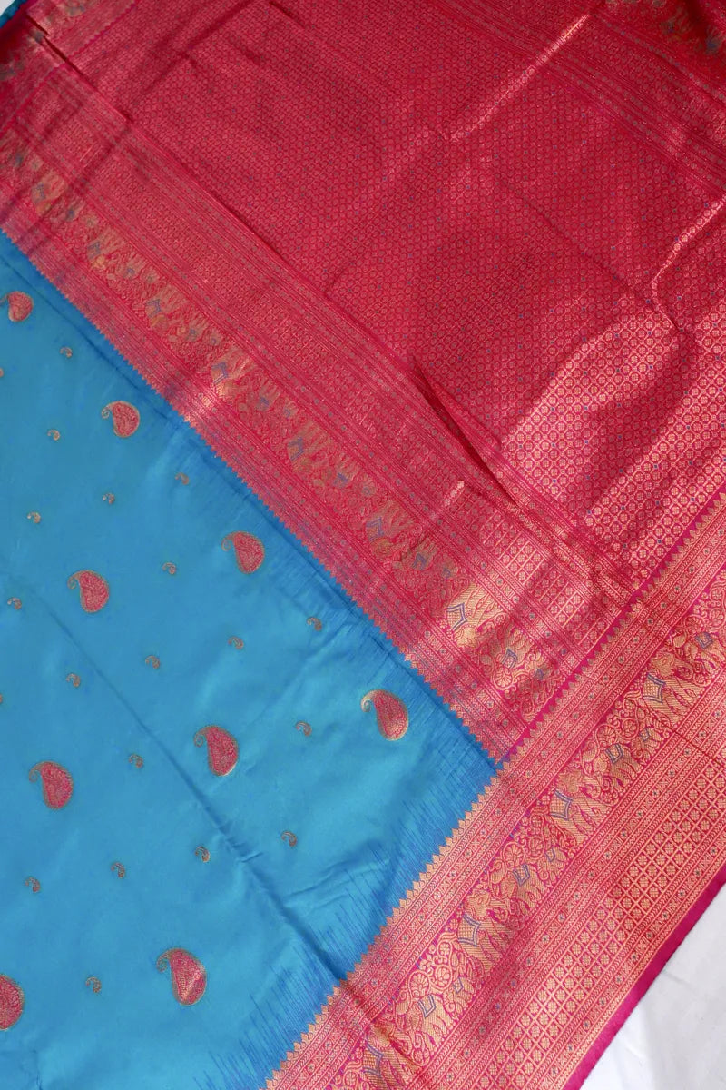 RAMA GREEN BANARASI SILK SAREE WITH PINK BORDER