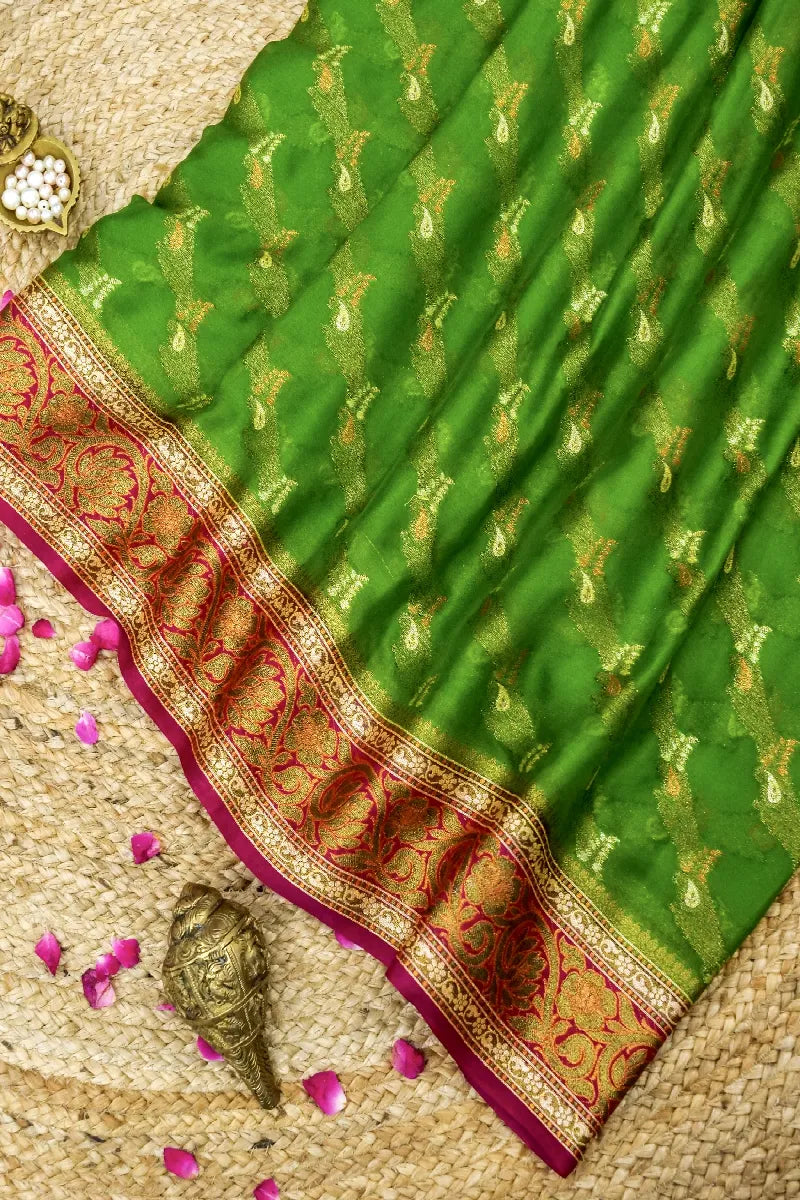MEHENDI GREEN WITH PINK COLOR KHADDI GEORGETTE SAREE