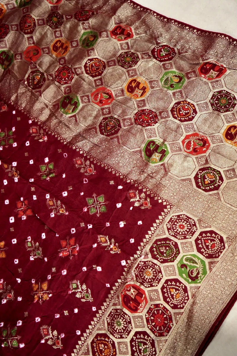 MAROON COLOR GAJJI SILK BANDHANI SAREE