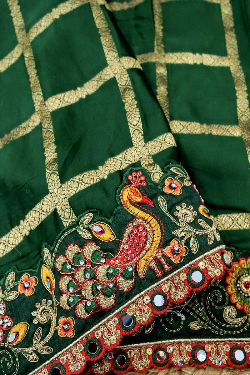GREEN  WITH CREAM COLOR CREPE SILK SAREE