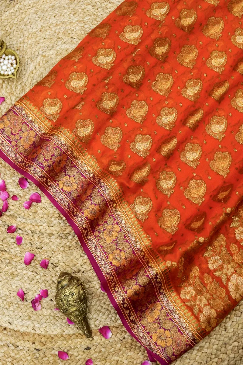 ORANGE WITH PINK COLOR KHADDI GEORGETTE SAREE