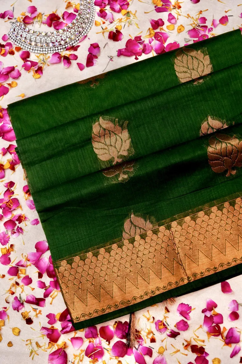 BANARASI BOTTLE GREEN COLOR SIKO COTTON SAREE