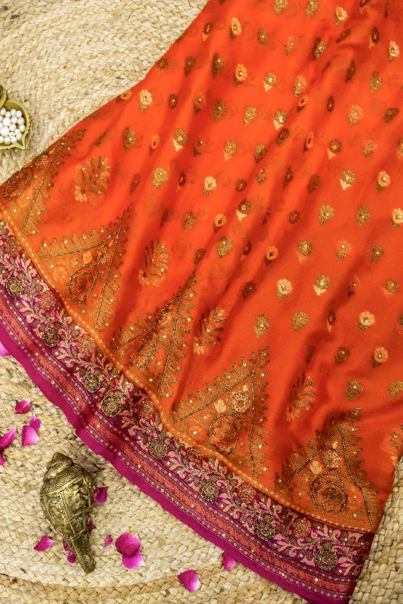 ORANGE WITH PINK COLOR KHADDI GEORGETTE SAREE