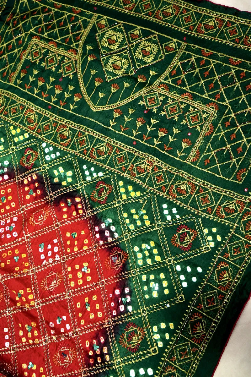 RED WITH GREEN COLOR GAJJI SILK BANDHANI SAREE