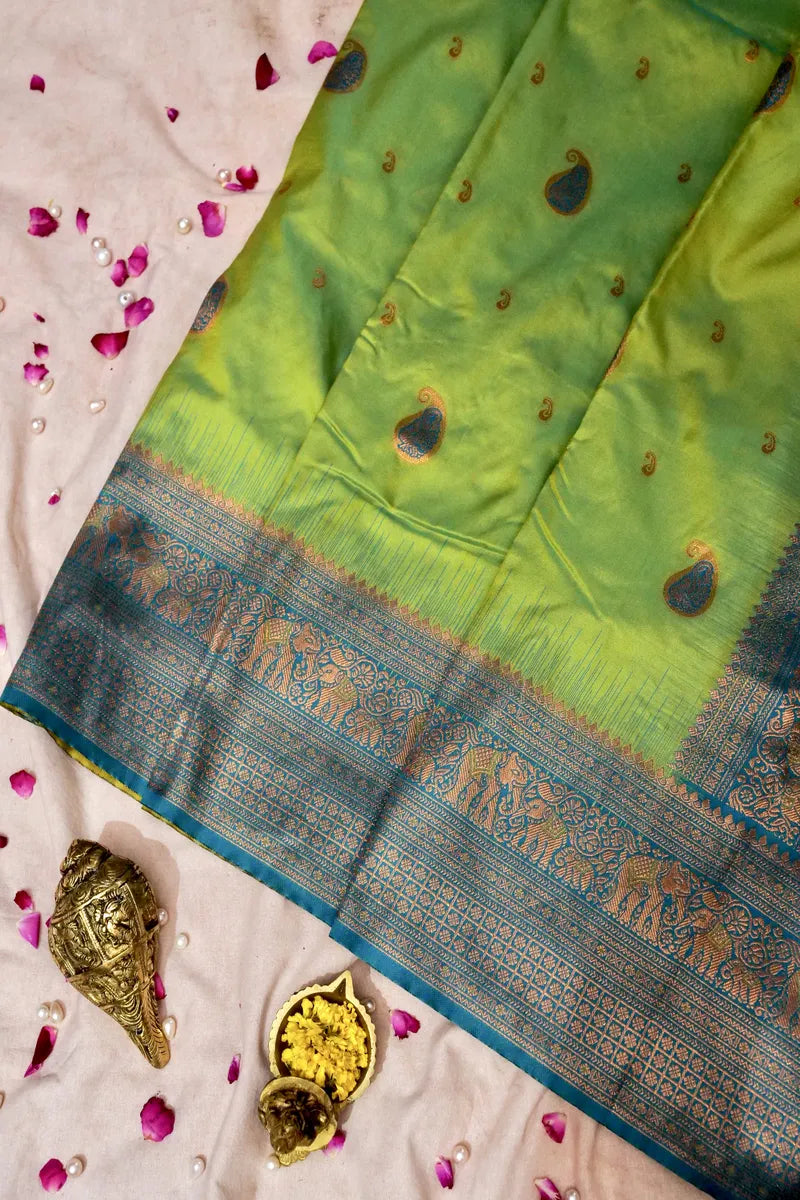 PARROT GREEN BANARASI SILK SAREE WITH FIROZI BORDER