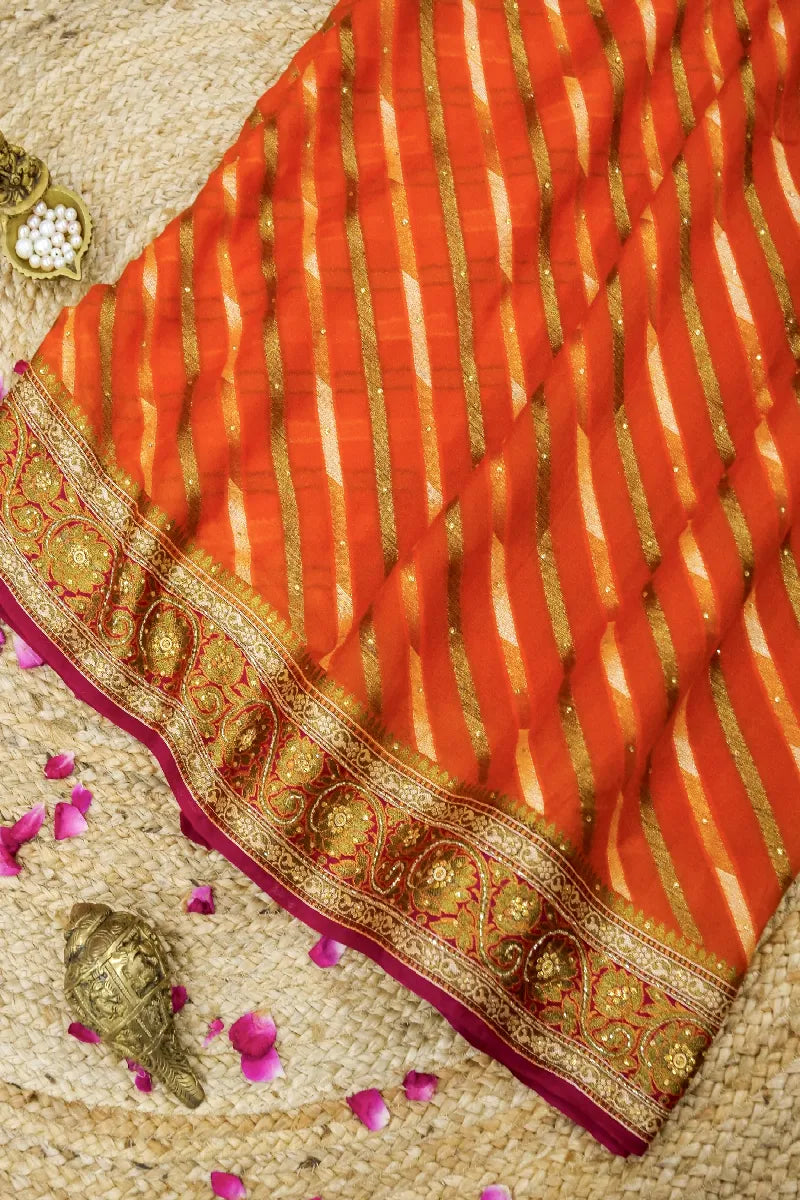 ORANGE WITH PINK COLOR KHADDI GEORGETTE SAREE