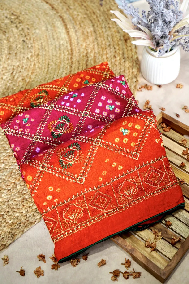 PINK WITH ORANGE COLOR BANDHEJ SAREE