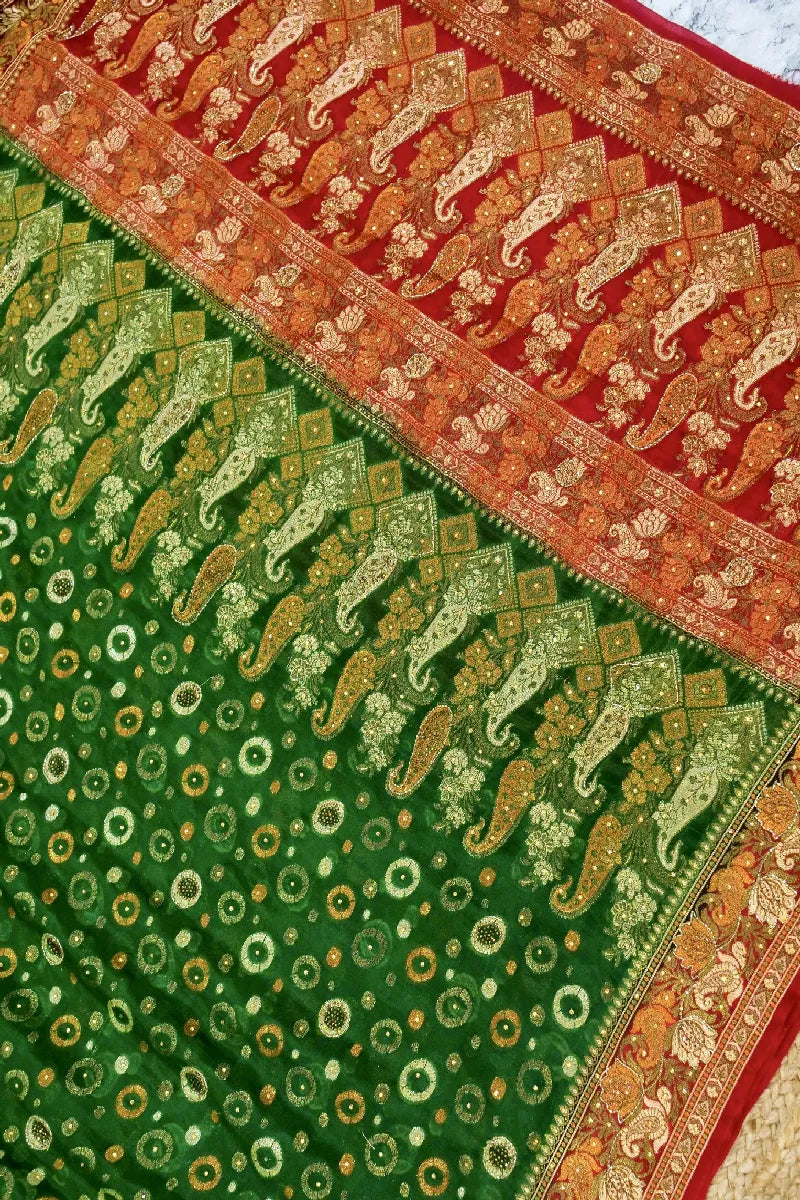 GREEN WITH RED COLOR KHADDI GEORGETTE SAREE