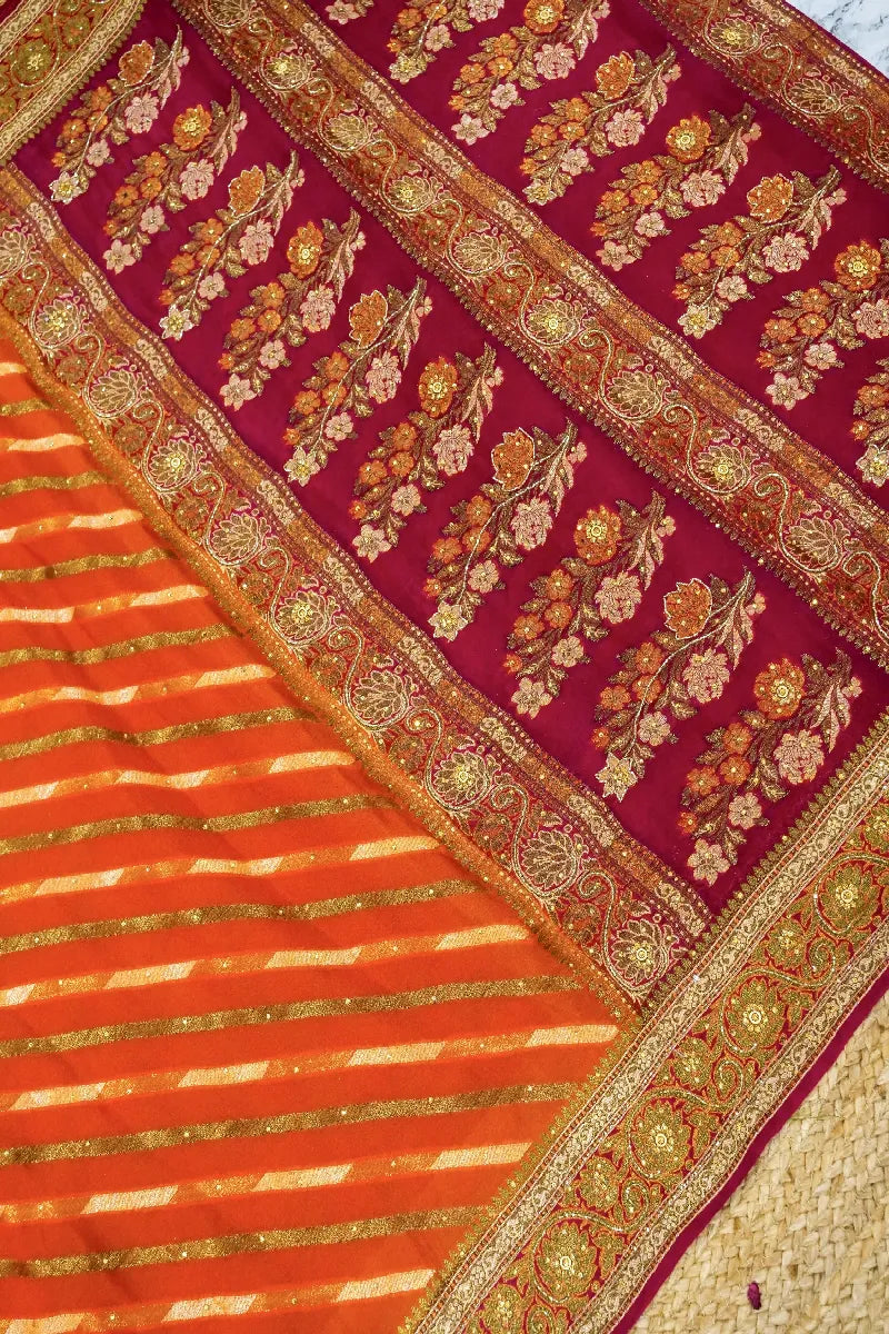 ORANGE WITH PINK COLOR KHADDI GEORGETTE SAREE
