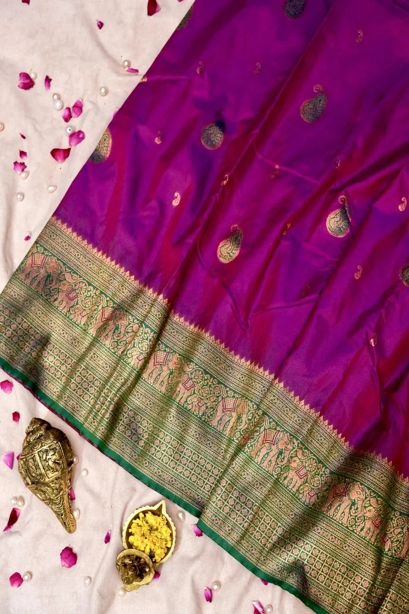 PURPLE BANARASI SILK SAREE WITH GREEN BORDER
